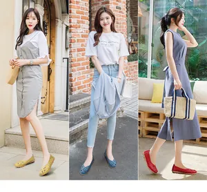 Detailed lifestyle views of hollowed-out bird-nest loafers in yellow, blue, and red colors