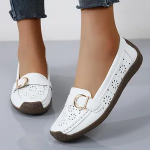 Women Casual Soft PU Leather Loafers Comfortable Laser Cut Flat Moccasins Slip On Driving Shoes Metal Buckle Decoration