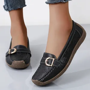 Comfortable women's black loafers with hollow-out pattern and soft flat soles