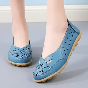 Comfortable blue hollow-out loafers for women with breathable bird nest design and massage gum soles