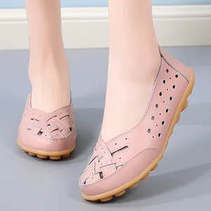 Breathable pink leather hollow loafers for women with soft gum sole for daily comfort