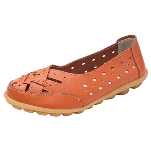 Orange hollow-out leather loafers with bird's nest design and non-slip gum sole