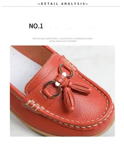 Close-up shot of red cowhide leather loafer with tassel and metal buckle detail.