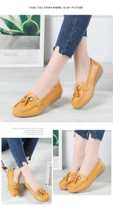 Detailed composite showing yellow leather loafers with tassels and soft wedge soles