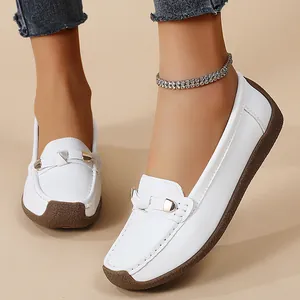 Women Casual Plus Size Soft Sole Loafers Comfortable Slip-on Flat Moccasins Mother Shoes With Metal Buckle And Bowknot Detail