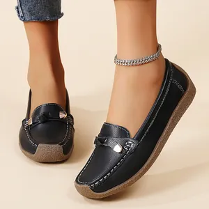Black leather loafers for women with soft soles and slip-on design for daily comfort