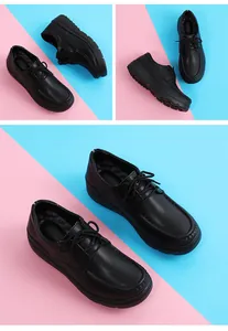 Mehrere Ansichten schwarzer Schwesternschuhe mit weicher Sohle und Keilabsatz-Design.