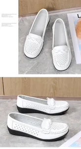 Detailed view of white perforated loafers for nurses with comfortable flat soles.