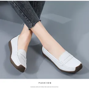 Comfortable white leather loafers for women with thick non-slip rubber soles