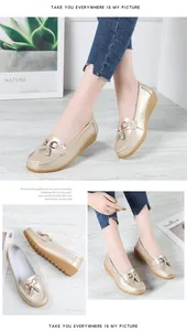 Detailed views of champagne gold wedge loafers for women featuring elegant tassel buckles.