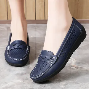 Breathable blue leather loafers for women featuring hollow-out design and soft comfortable soles