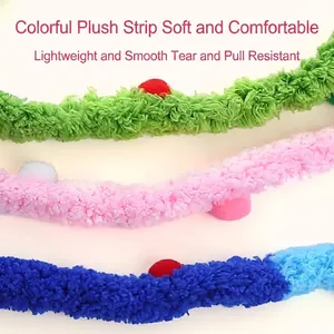 Colorful soft plush cat toy strips with small pom-poms for interactive pet play and exercise.