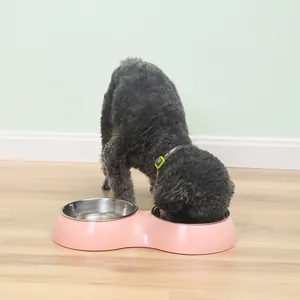 Pink double pet bowl with stainless steel inserts for dogs and cats eating in the room