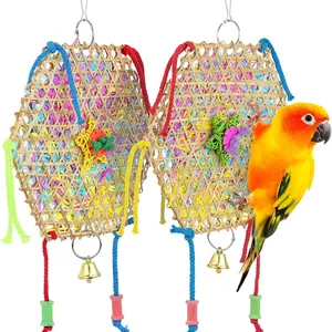 Hanging Bird Foraging Toy Bamboo Woven Shredded Paper Shredder Toy For Small Medium Parrots Cockatiels With Bell Colorful Bird Cage Accessories