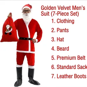 Costume da Babbo Natale completo in 7 pezzi in velluto dorato per uomo con barba e cintura