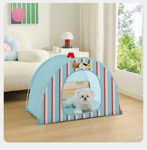 Tienda de campaña interior a rayas azules para perros pequeños con cachorro