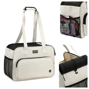 Detailed view of breathable beige pet carrier bag for cats and small dogs