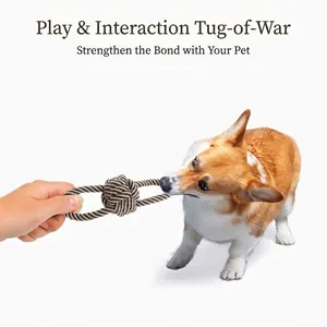 Interactive woven cotton rope dog toy for tug-of-war, featuring a knot design with a corgi.