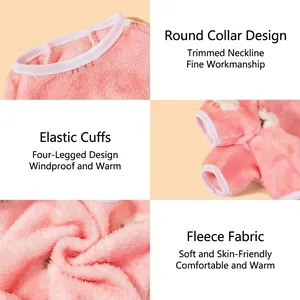 Detailed views of pink coral fleece dog pajamas showing neckline and cuff features