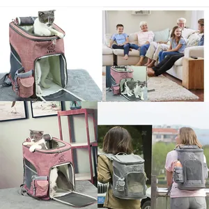 Detailed view of large foldable cat backpack carrier with breathable mesh windows.