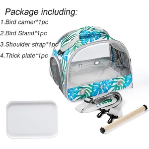 Detailed view of portable bird carrier set with monstera leaf pattern bag and wooden perch.