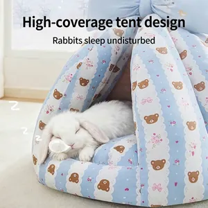 Semi-enclosed rabbit tent bed with cute bear pattern and soft plush interior cushion