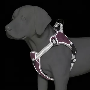 Detailed side view of a reflective purple dog harness vest with adjustable straps