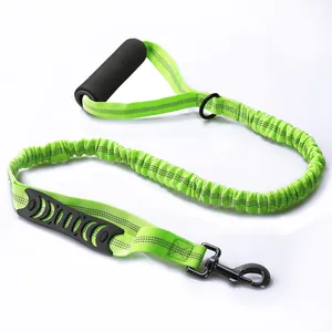 Neon green bungee dog leash with reflective stitching and comfort padded handle