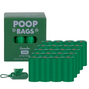 20 rolls of eco-friendly lavender scented green dog poop bags with a matching dispenser