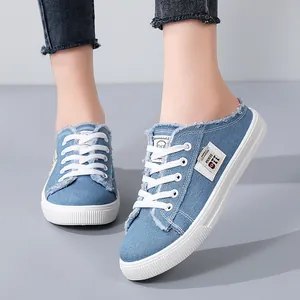 Women Casual Canvas Mule Sneakers Frayed Edges Slip-On Backless Canvas Shoes Versatile Low Top Flat Sneakers For Daily Wear