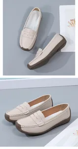 Beige comfortable women's loafers featuring durable gum soles and a stylish slip-on design