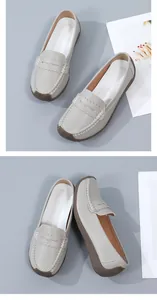 Close-up detail of comfortable grey loafers for women with textured non-slip soles