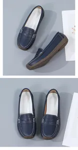 Detailed top and side views of comfortable navy blue women's loafers with white contrast stitching