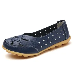 Comfortable navy blue hollow-out leather loafers for women with massage rubber sole