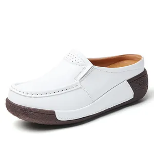 Mules à plateforme en cuir blanc respirant pour femmes avec semelles compensées