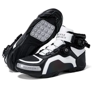 Botas profesionales de motociclismo resistentes al desgaste en cuero negro y blanco fino
