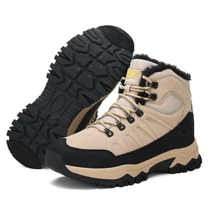 Detailed view of men's high-top outdoor hiking boots with warm fur lining and rugged sole.