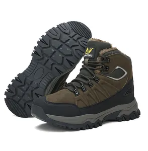 Close-up detail of durable high-top outdoor hiking boots with rugged tread and warm lining