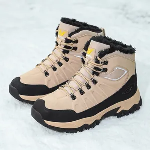 Men High Top Outdoor Hiking Boots Cow Suede Warm Artificial Plush Winter Snow Boots Anti Slip Casual Sports Shoes Beige