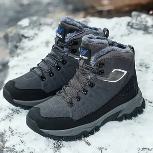 Men's winter high-top hiking boots with warm fleece lining and anti-slip rubber sole