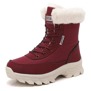 Burgundy winter snow boots with non-slip thick sole and warm faux fur lining for women