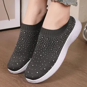 Women's Flyknit Rhinestone Elastic Sock Shoes Casual Lightweight Breathable Slip-on Sneakers With Shimmering MD Outsole