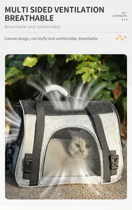 Close-up of breathable mesh window on gray canvas portable pet cat carrier bag