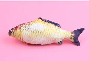 Detailed side view of a realistic simulation fish plush cat toy with catnip inside