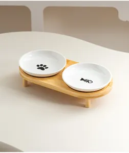 Ensemble de bols pour animaux en céramique avec support en bambou et motifs