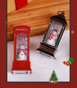 Detail of festive snowman lanterns featuring a red telephone booth and bronze lamp