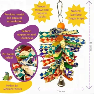 Parrot hanging toy with woven bamboo finger traps and colorful popsicle sticks for chewing