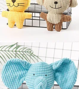 Macro view of blue corduroy pet plush toy showing durable textured bite resistant fabric