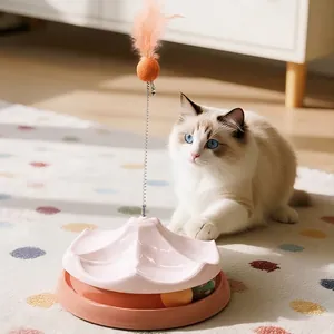 Interaktives Katzenspielzeug-Drehteller mit Schienenbällen und Feder-Teaser für Katzen
