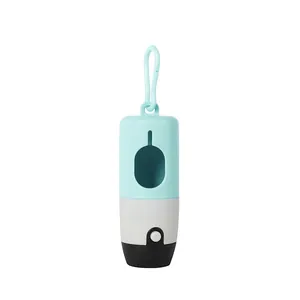 Close-up of the capsule-shaped pet waste bag dispenser with LED light and carabiner